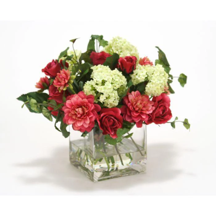 Waterlook® Fuschia Dahlia and Roses, Cream Green Snowballs in Glass Cube