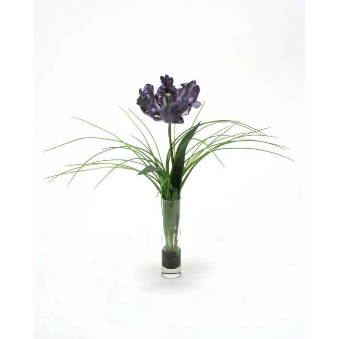 Waterlook® Navy Blue Single Parrot Tulip with Grass in Glass (Set of 2)