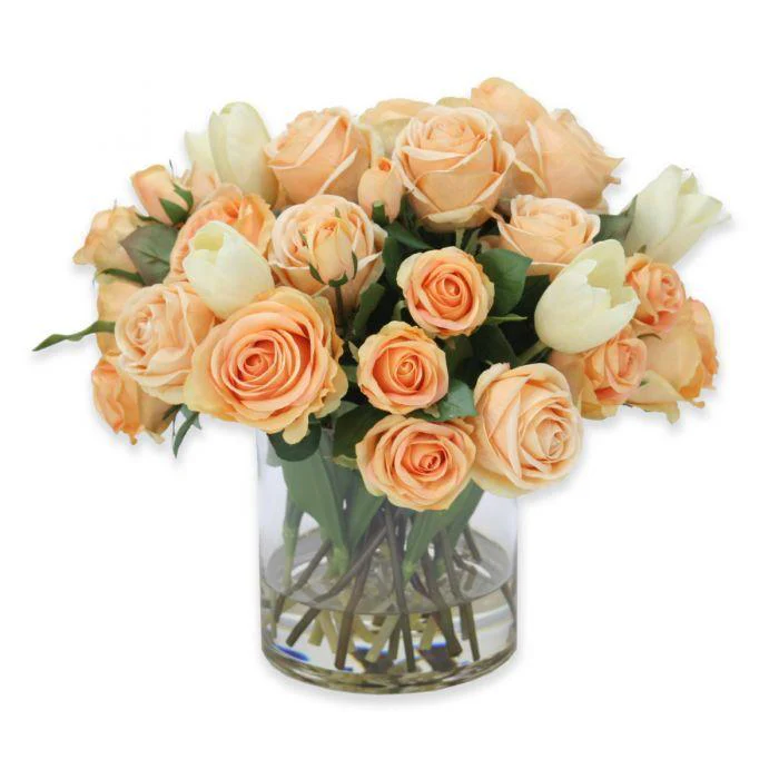 Waterlook® Peach Roses and Tulips in Clear Glass Vase