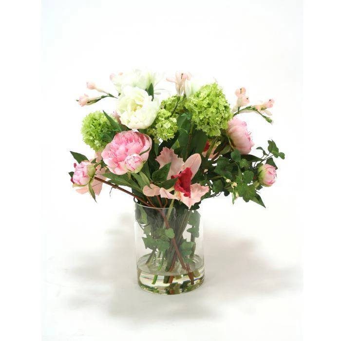 Waterlook® Pink Peonies, Cream Ranunculus and Green Hydrangea in Clear Glass Vase