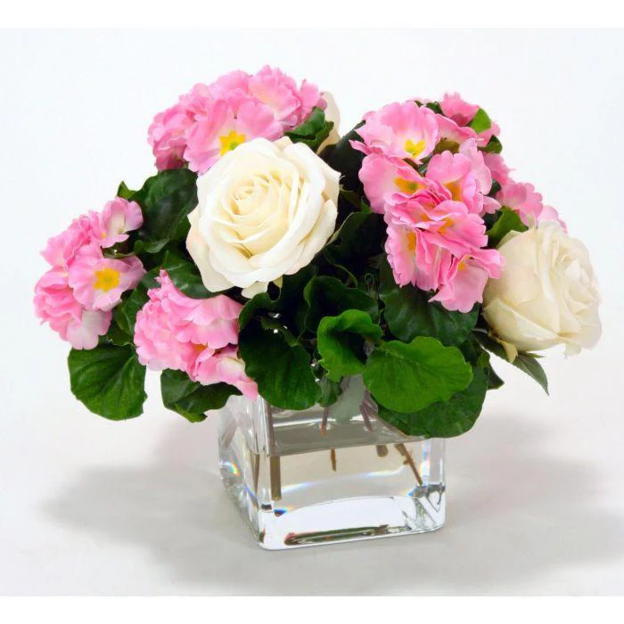 Waterlook® Pink Primrose with White Roses in Glass