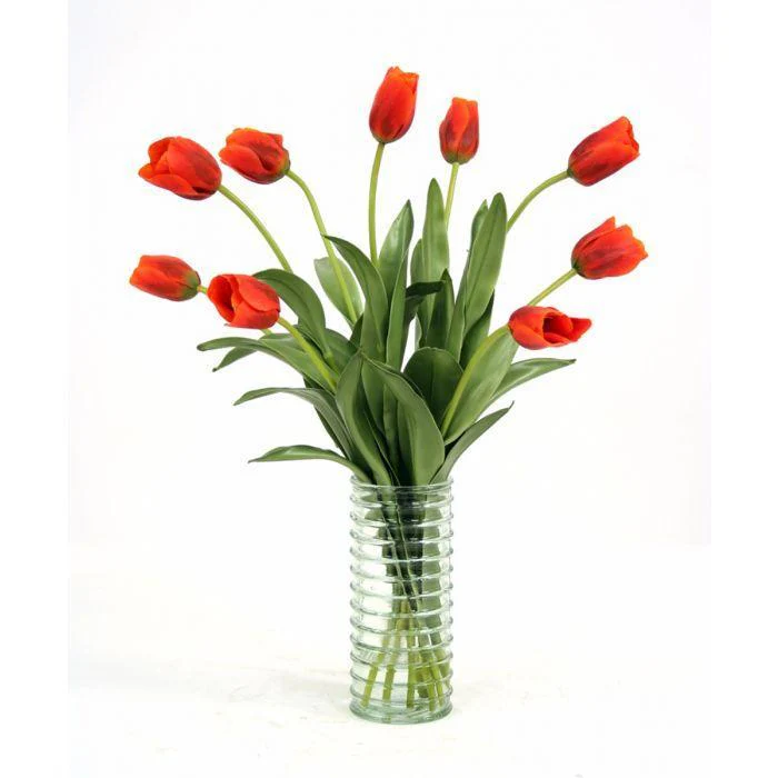 Waterlook® Red-Orange Tulips in Ribbed Light Green Vase