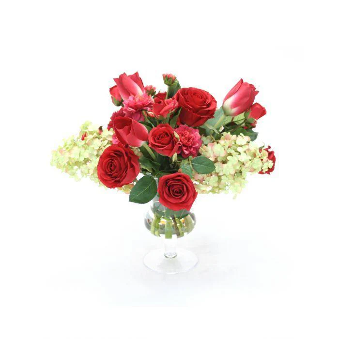 Waterlook® Red Roses, Tulips and Dahlias with Cream Green Hydrangeas in Clear Glass Urn