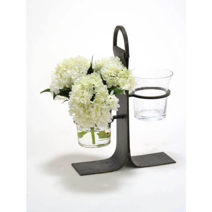 Waterlook® White Hydrangeas in Cylinder Glass Vase in Wrought Iron Stand