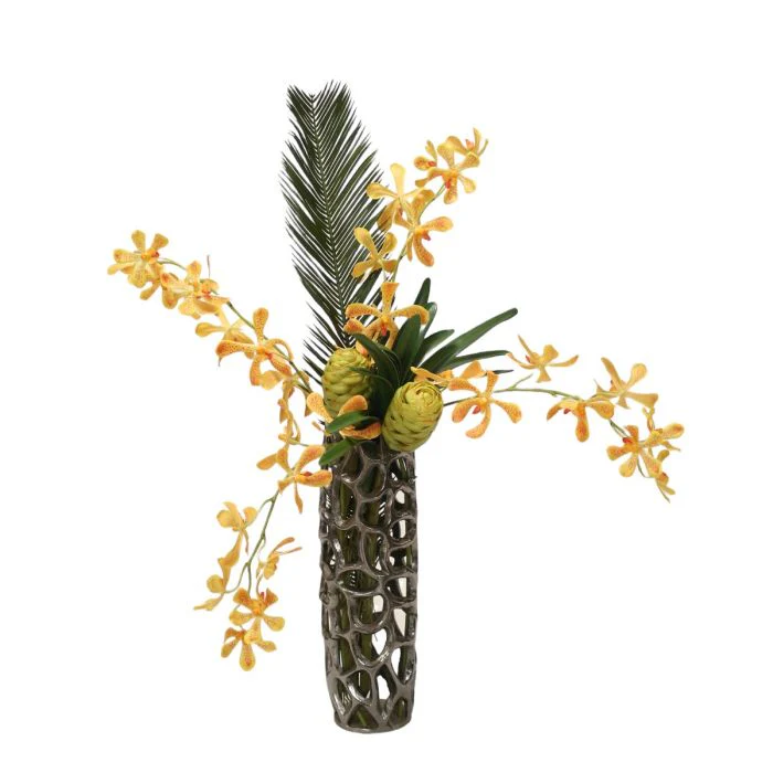 Yellow Orange Vanda Orchid and Cycas Palm with Honeycomb in Open Weave Vase