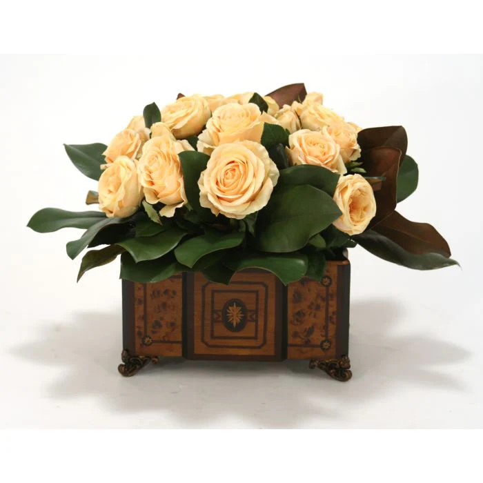 Yellow Roses, Magnolia Foliage in Chocolate Brown Wood Plante