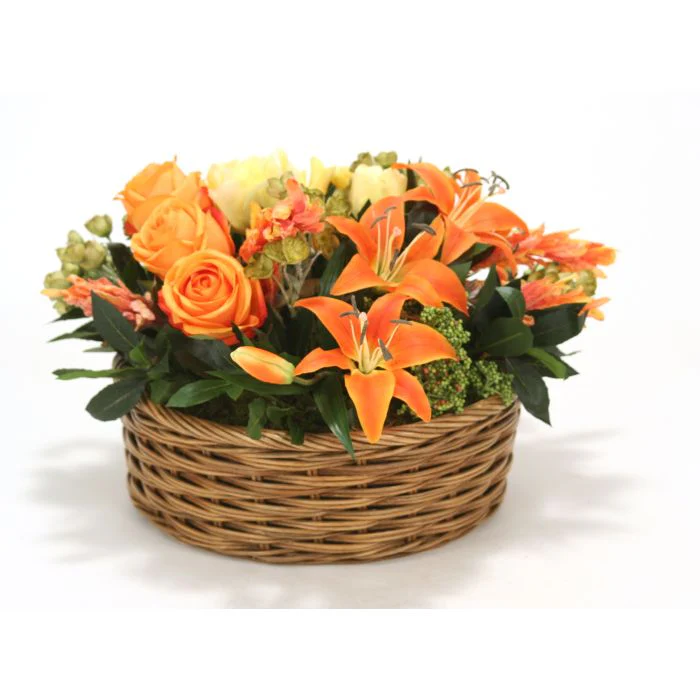 Yellow Tulips, Orange Lillies and Ranunculus Mix in Apple Basket