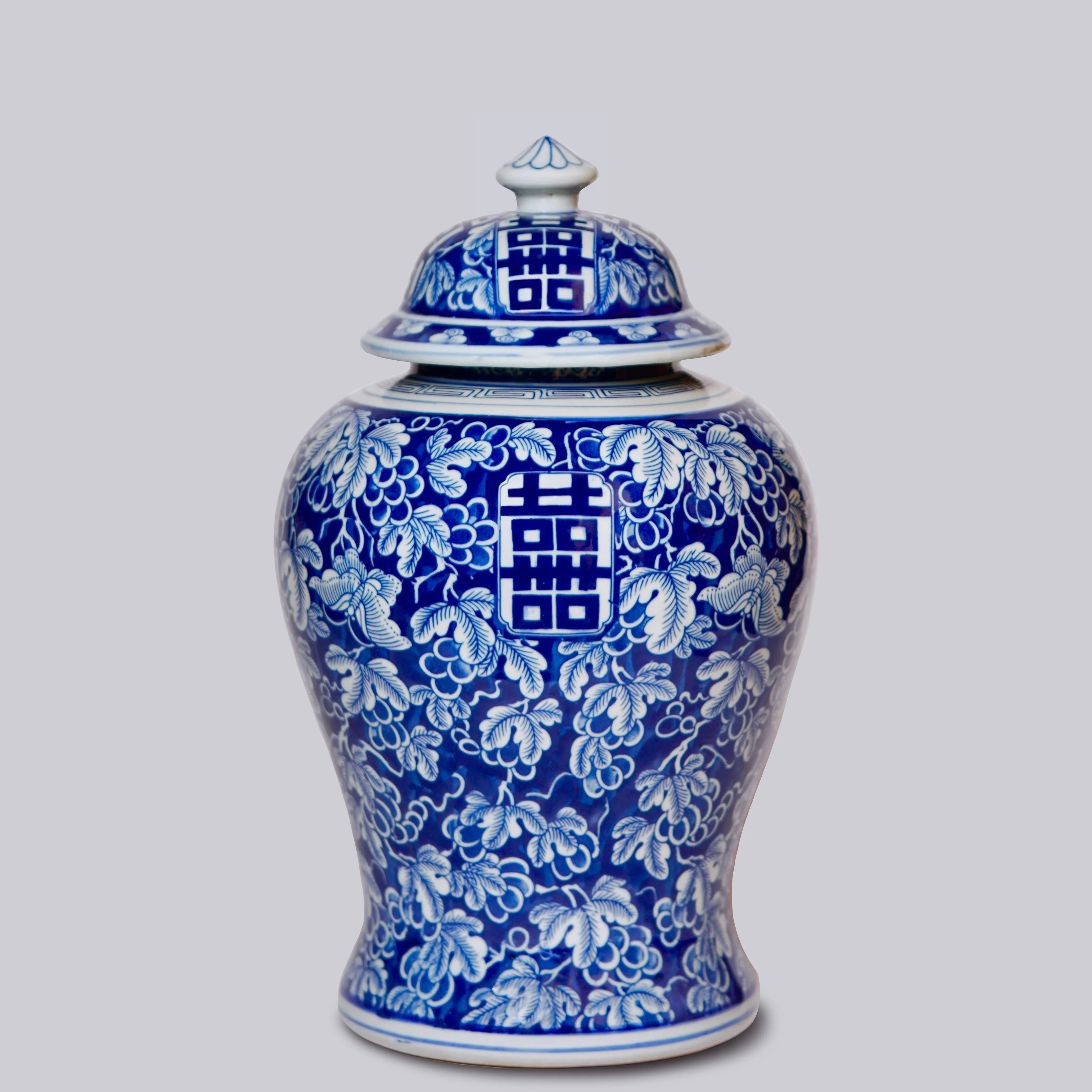Double Happiness/Grapes Blue and White Temple Jar