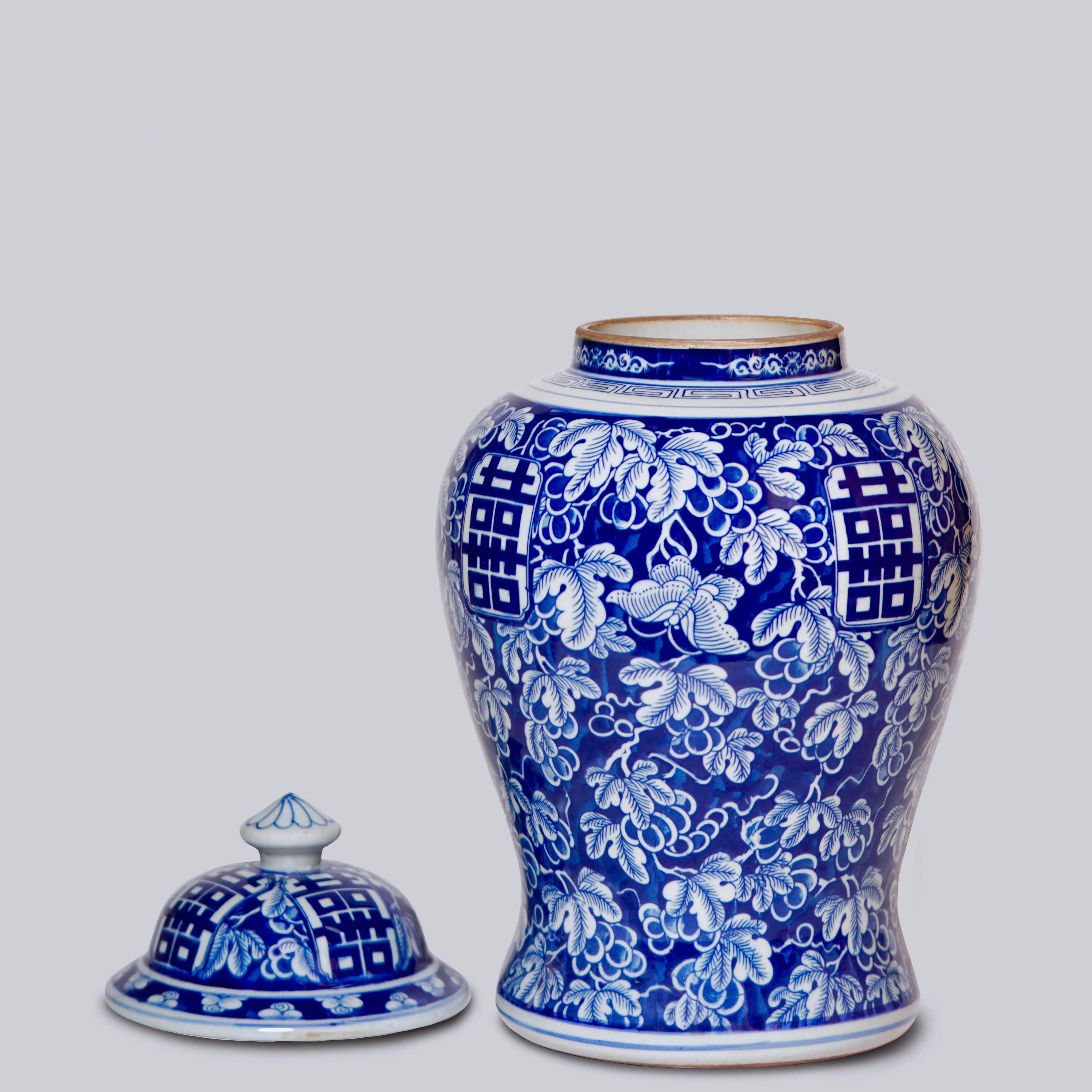 Double Happiness/Grapes Blue and White Temple Jar - Image 3