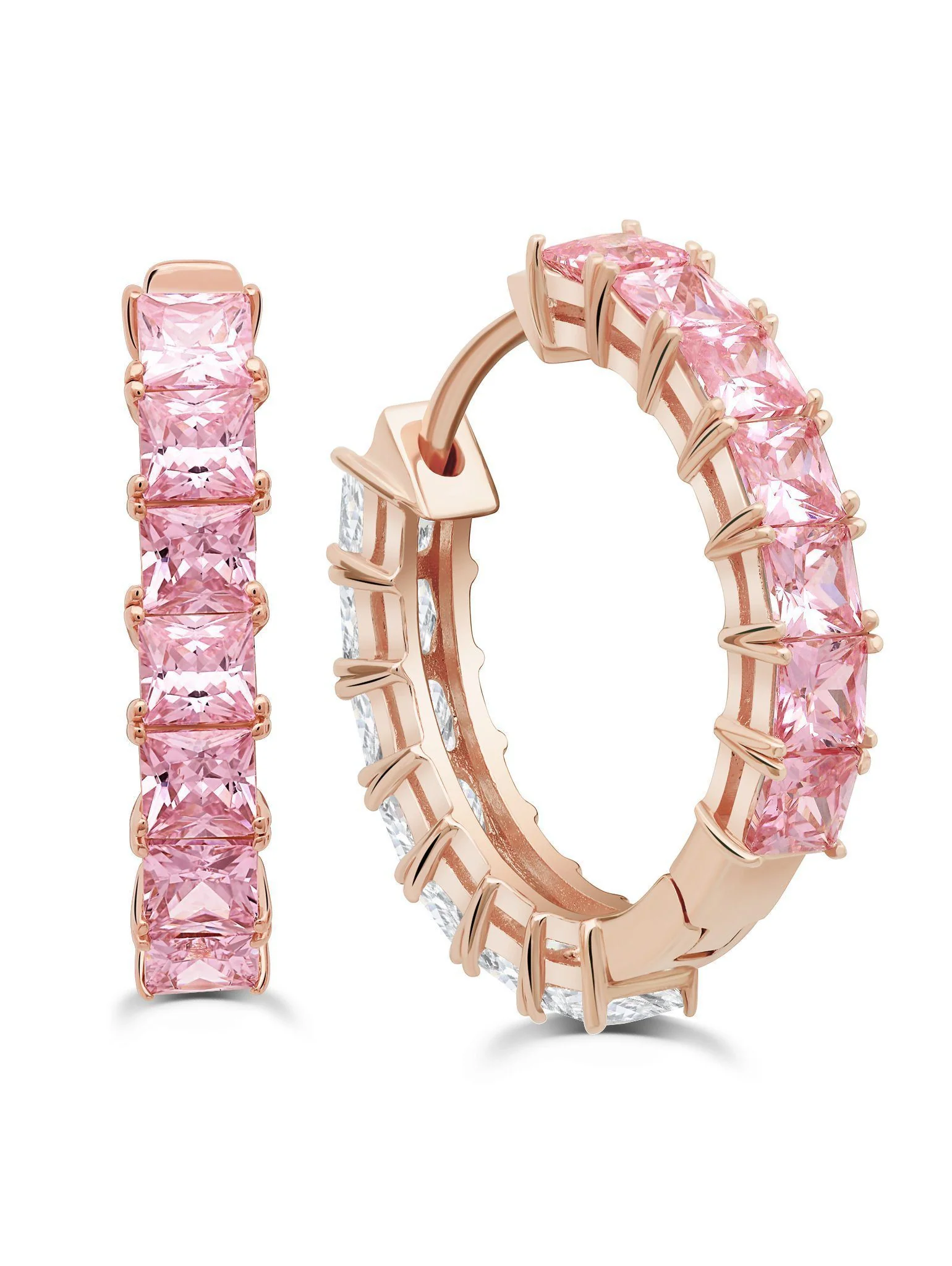 Crislu Duo Hoops finished in 18KT Rose Gold - 22 mm with Pink and Clear Stones