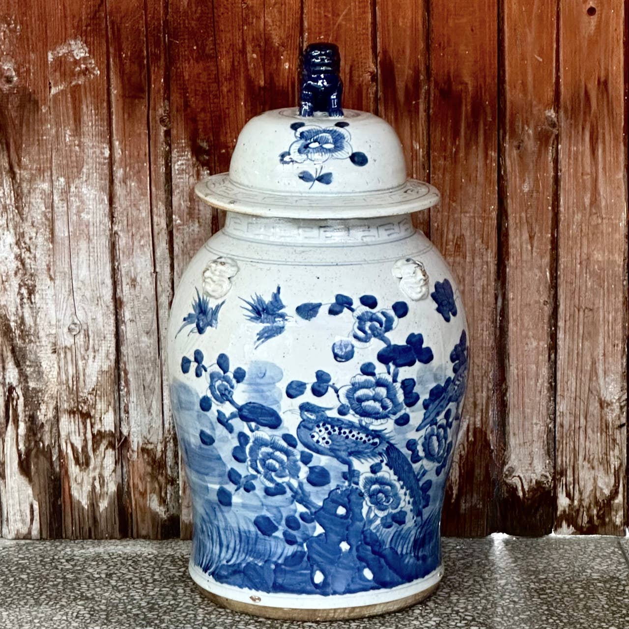 Extra Large Blue & White Bird & Flower Porcelain Temple Jar
