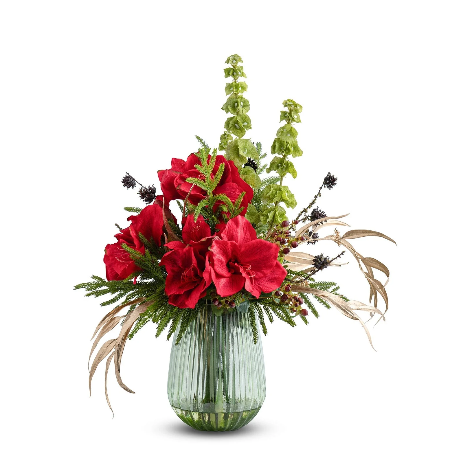Festive Amaryllis in Green Glass Vase White