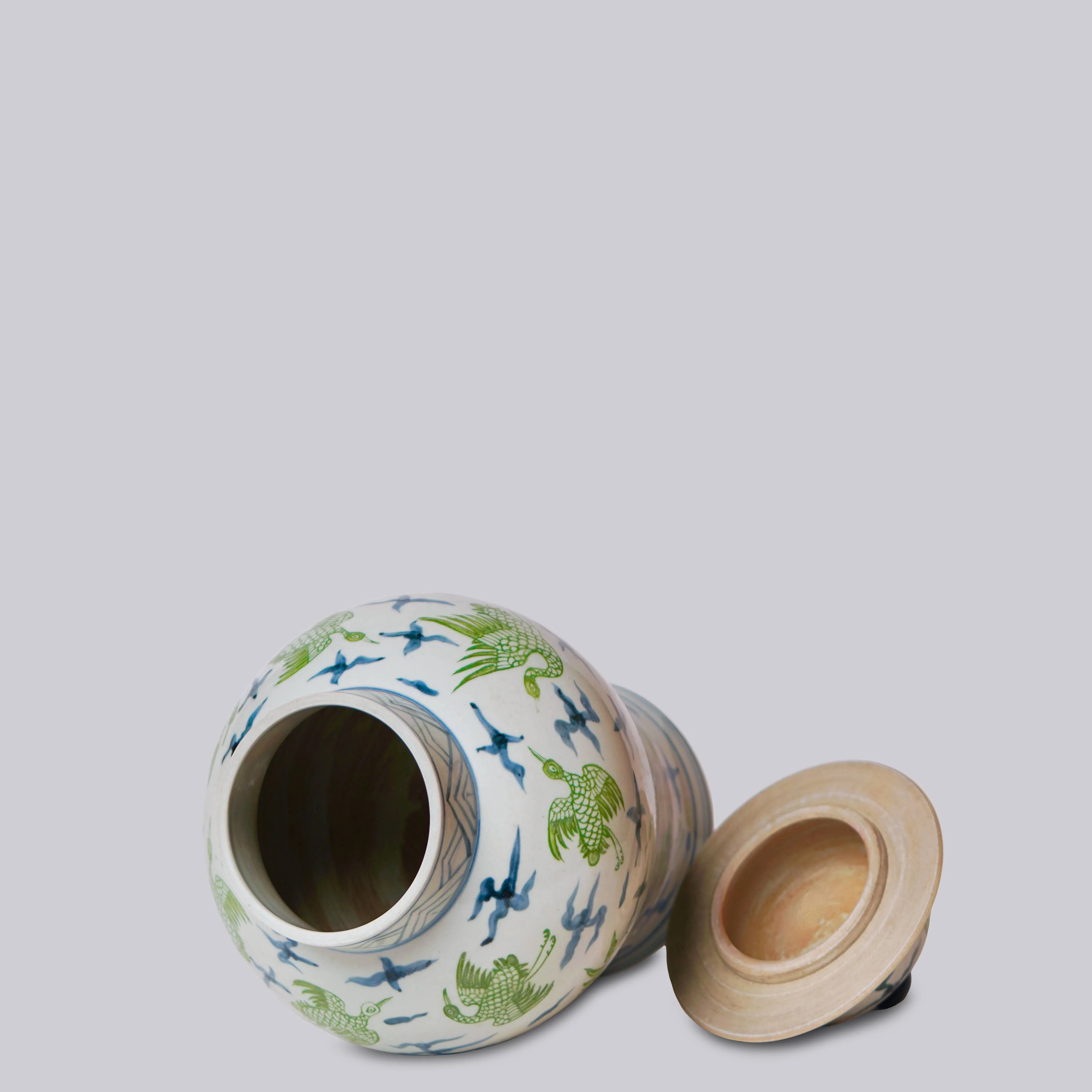 Flying Cranes Green and Blue Porcelain Temple Jar - Image 2