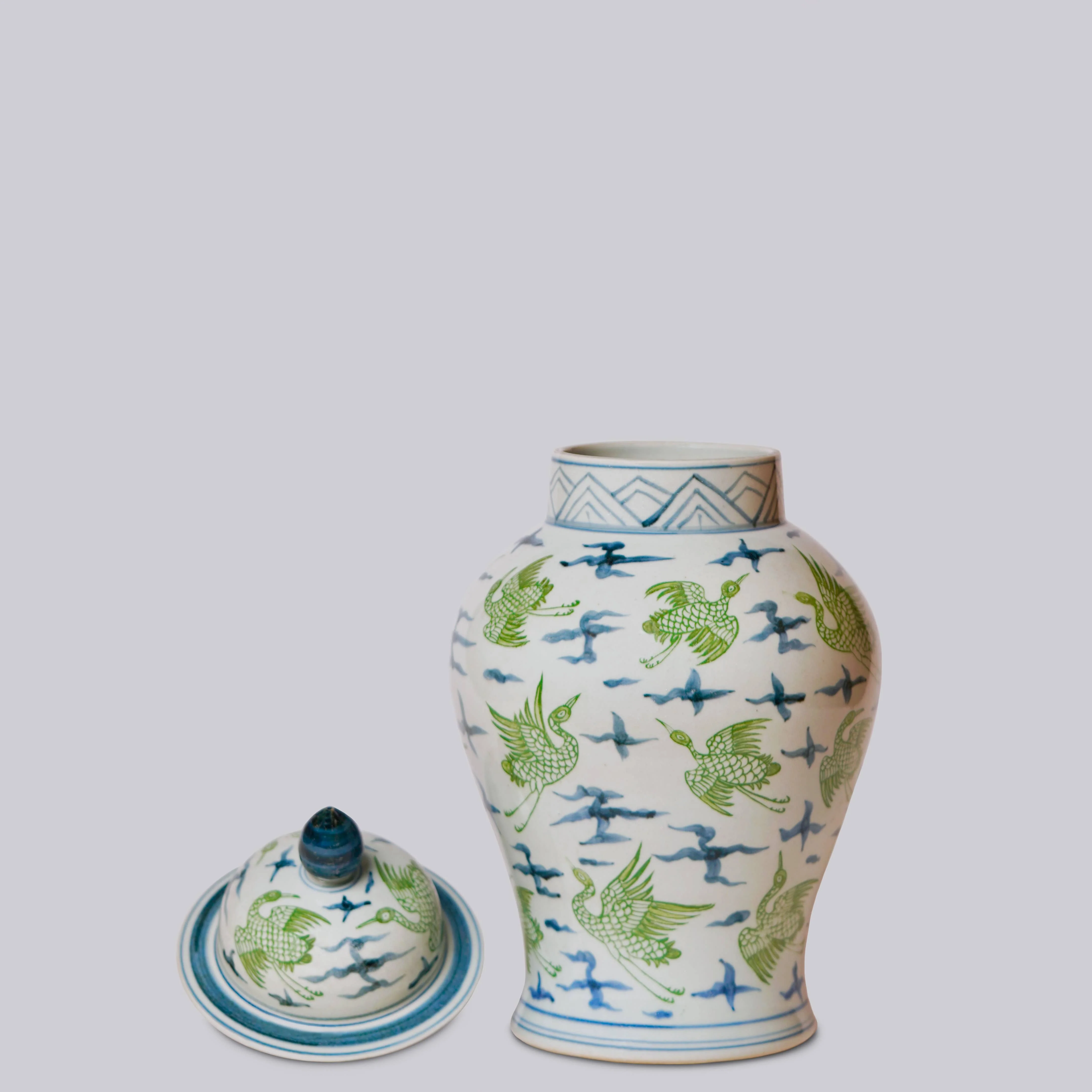 Flying Cranes Green and Blue Porcelain Temple Jar - Image 3