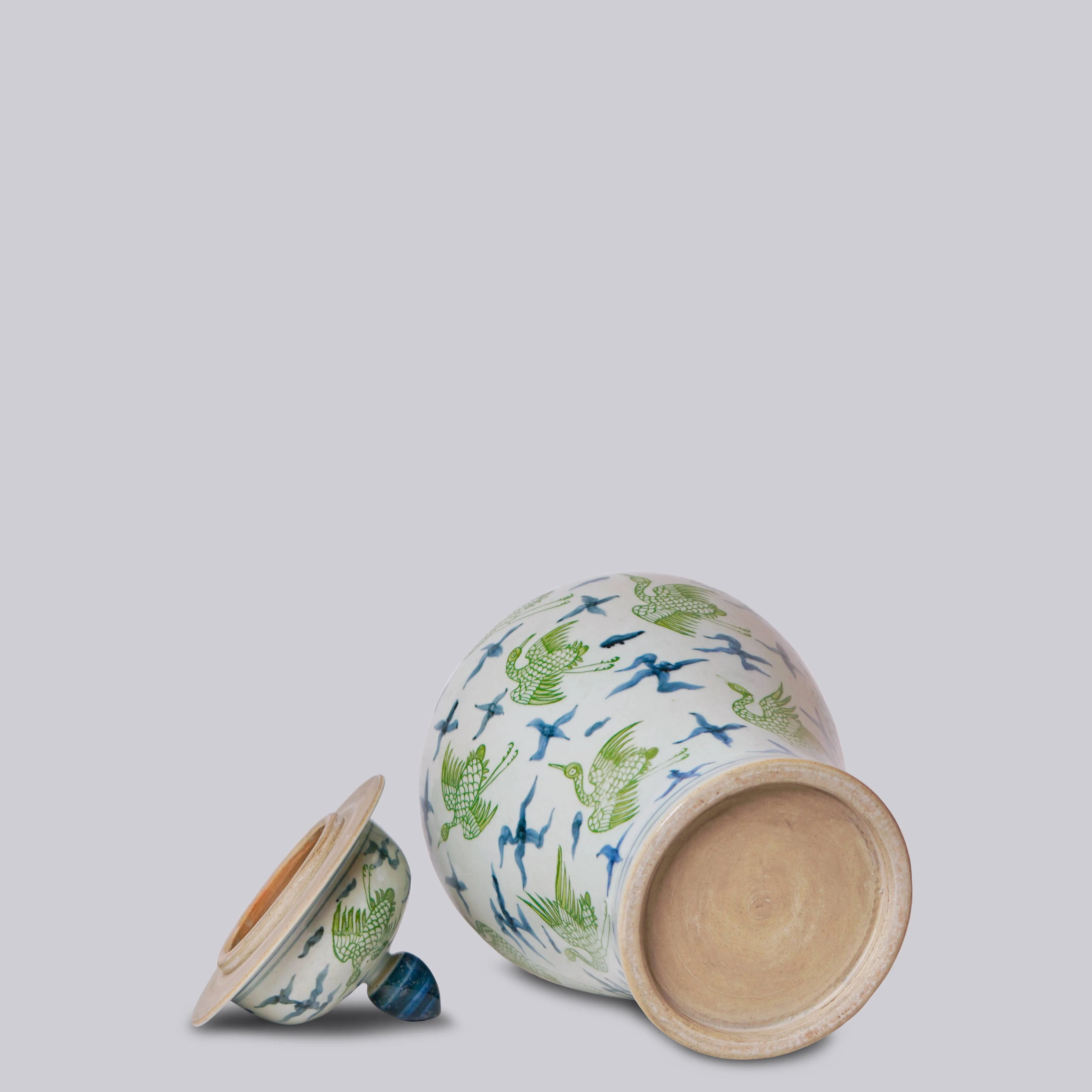 Flying Cranes Green and Blue Porcelain Temple Jar - Image 4
