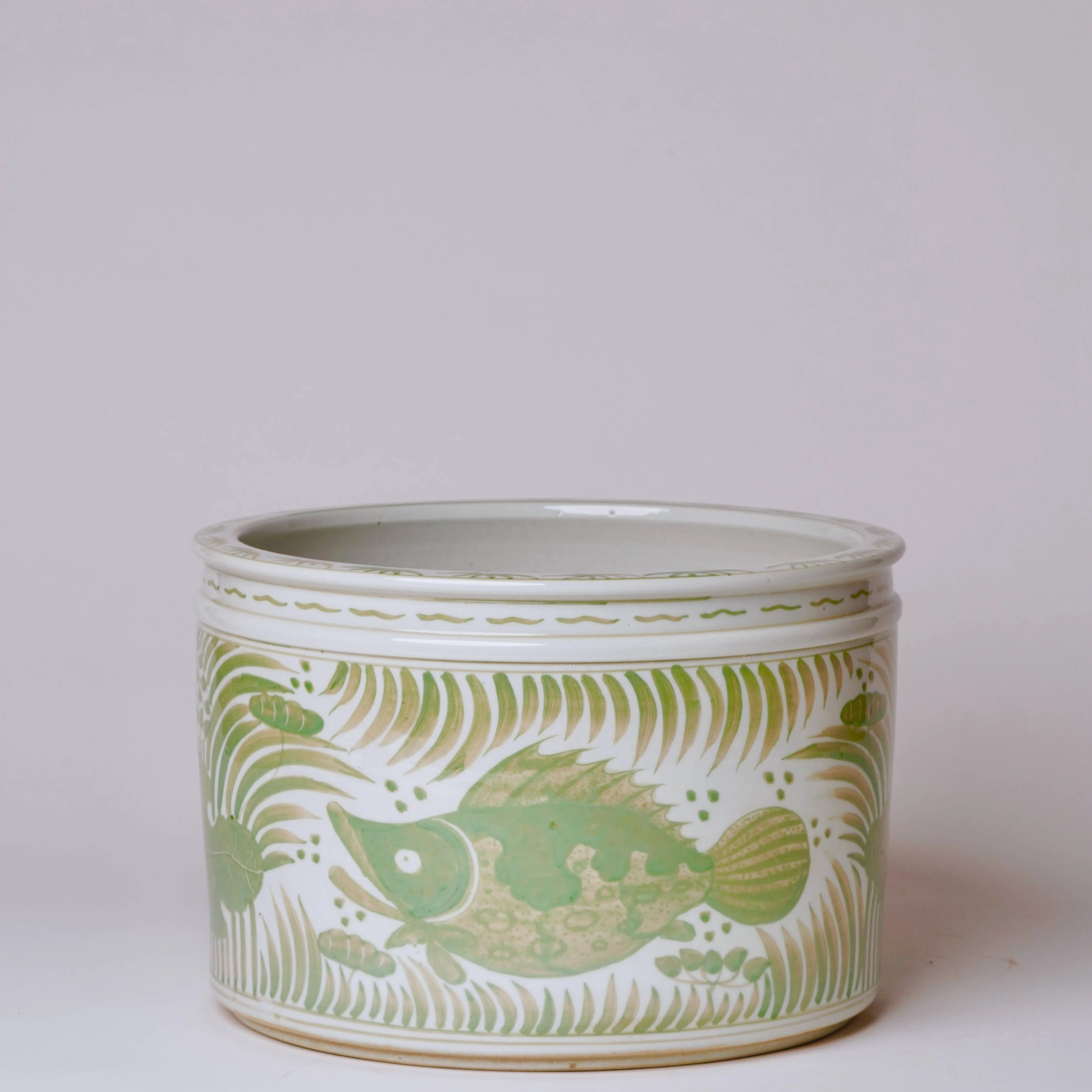 Green and White Porcelain Fish and Lotus Wide Cachepot