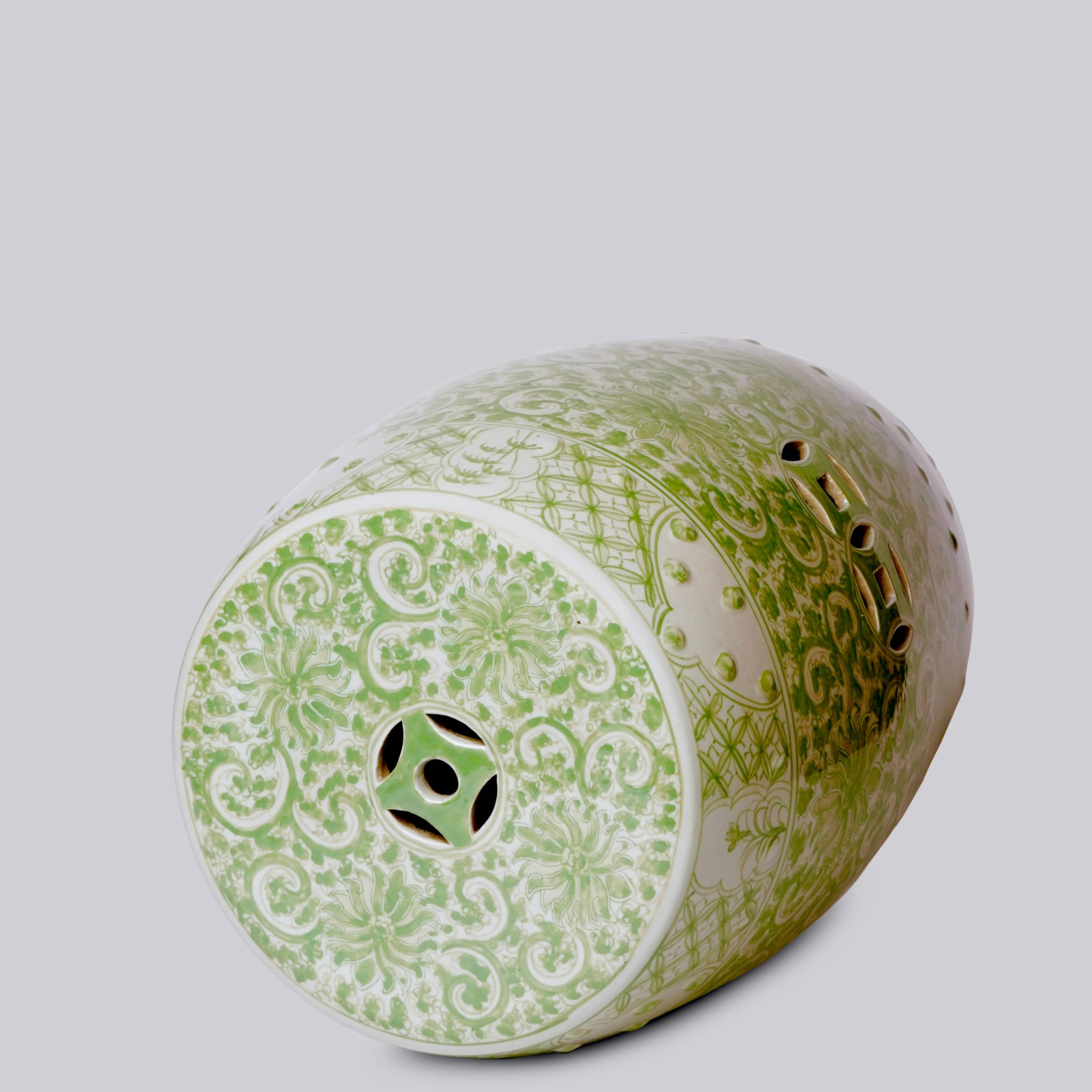 Hand Painted Lotus Green and White Porcelain Garden Seat - Image 2
