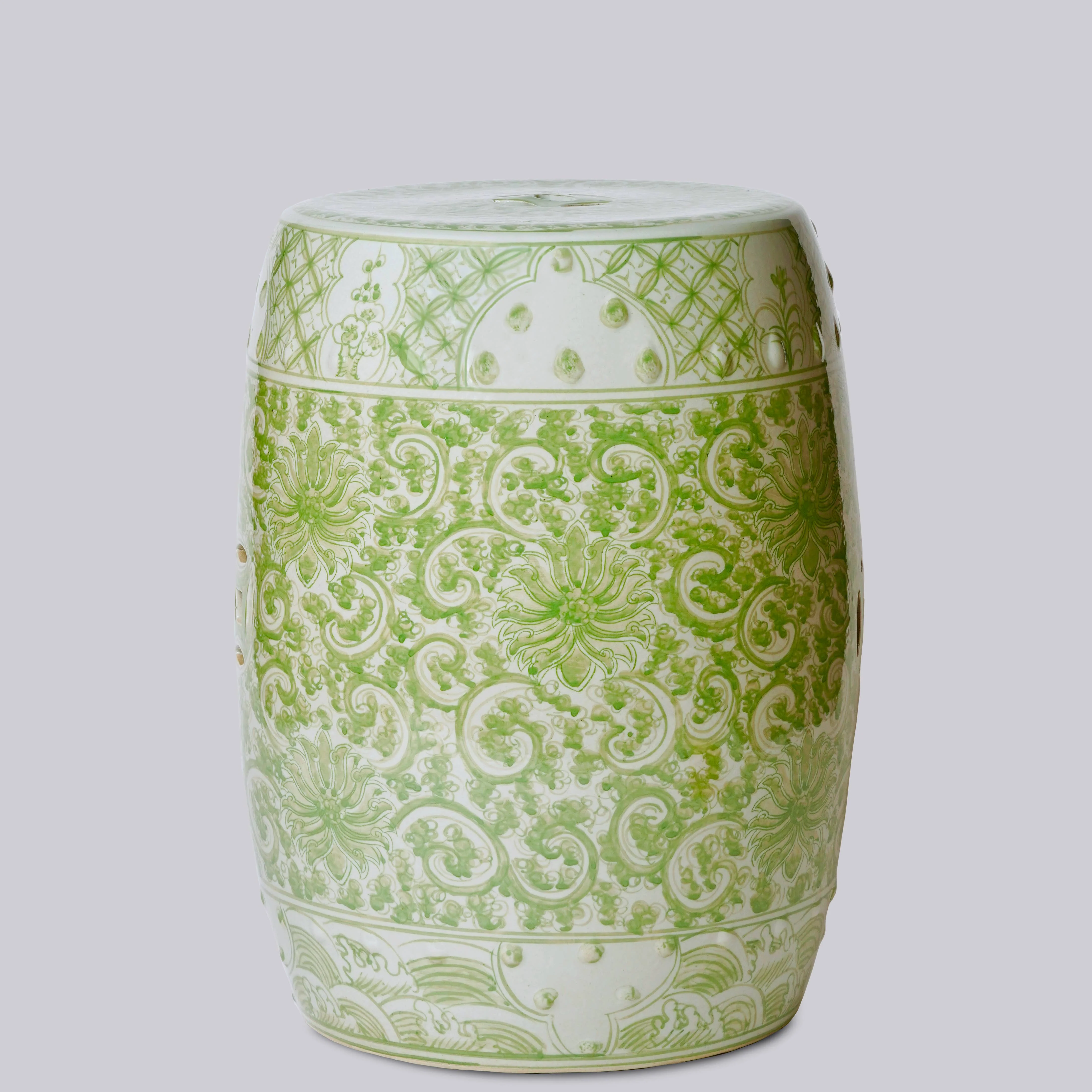 Hand Painted Lotus Green and White Porcelain Garden Seat - Image 3