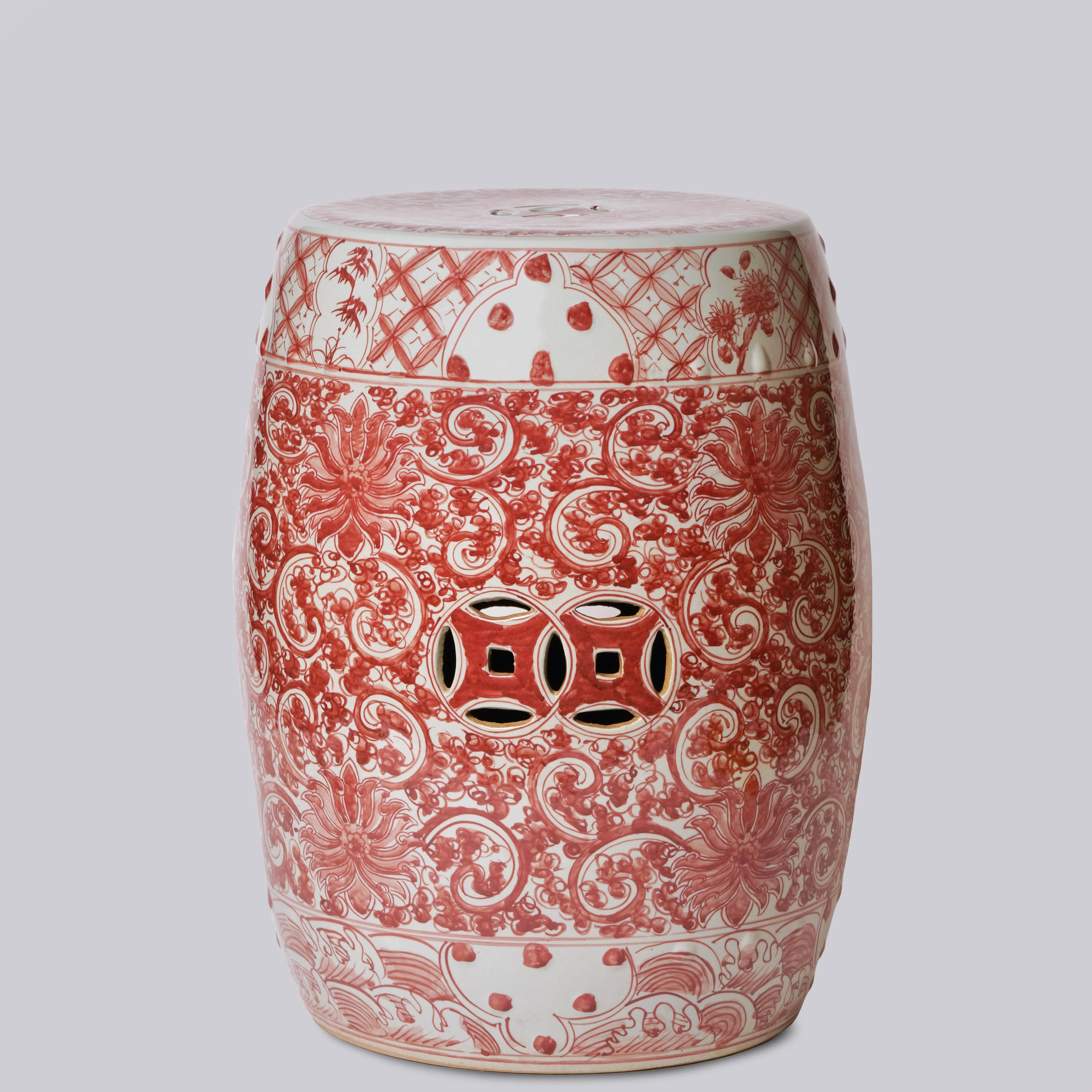 Hand Painted Lotus Red and White Porcelain Garden Seat