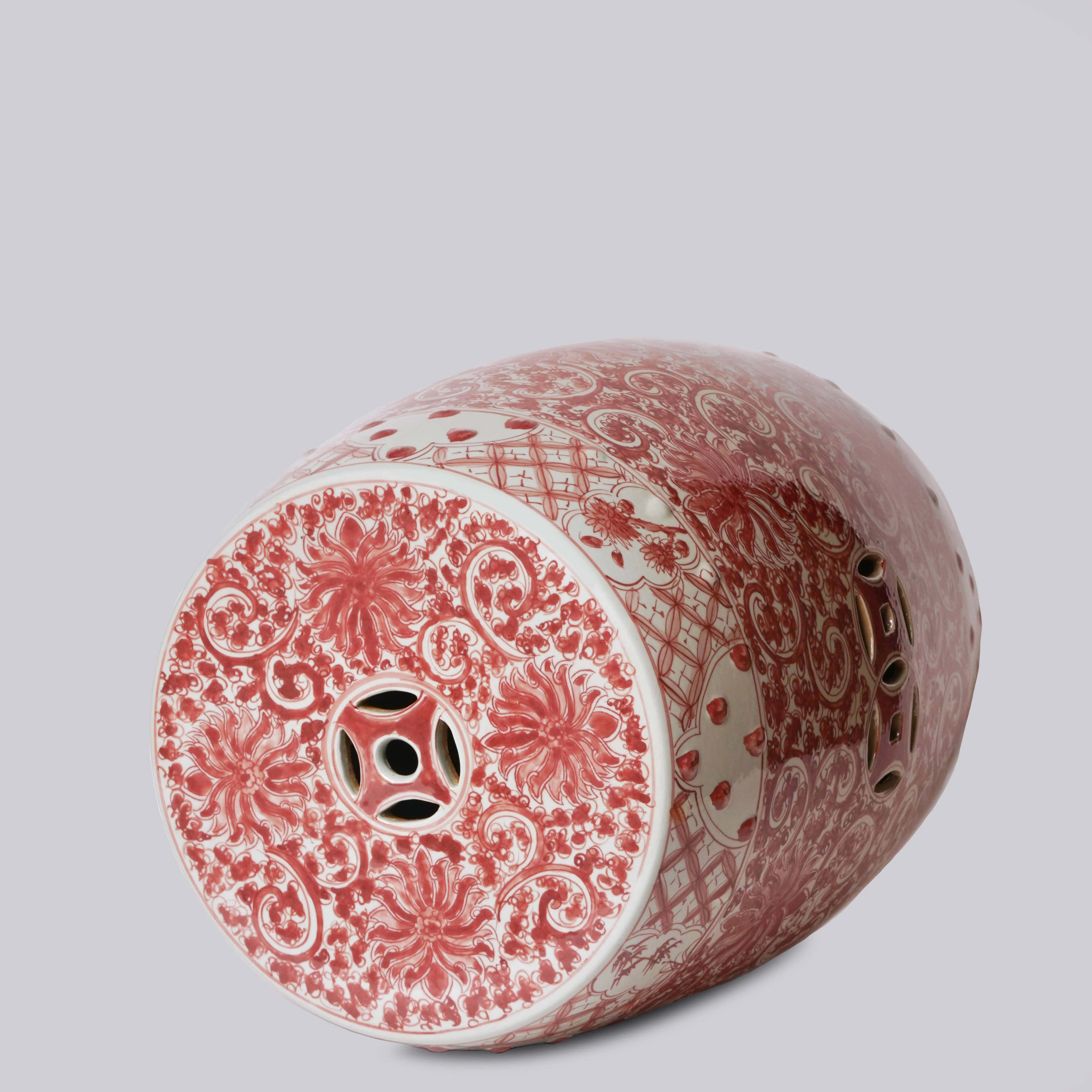 Hand Painted Lotus Red and White Porcelain Garden Seat - Image 2