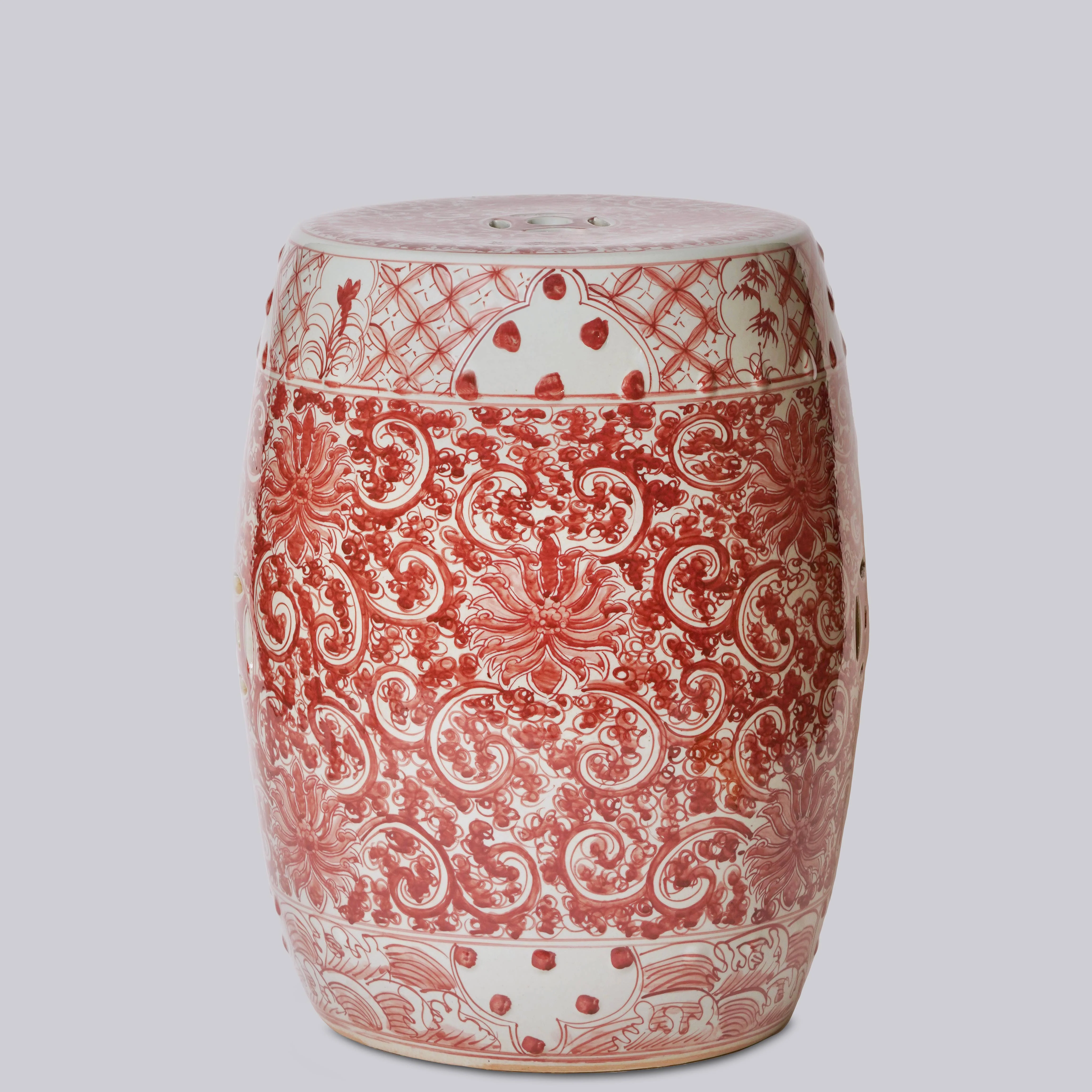 Hand Painted Lotus Red and White Porcelain Garden Seat - Image 3