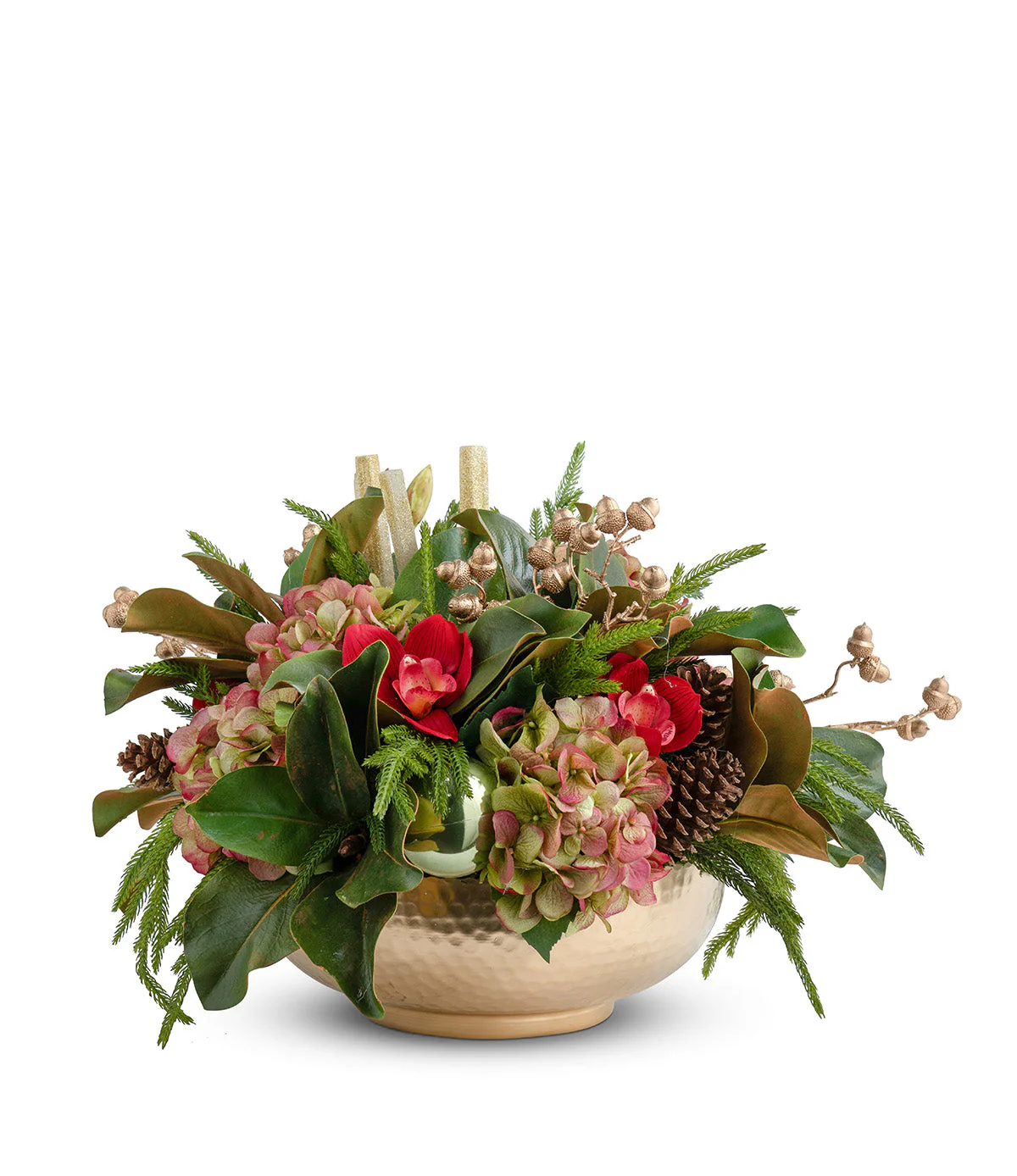 Hydrangeas & Orchids in Gold Metal Bowl
