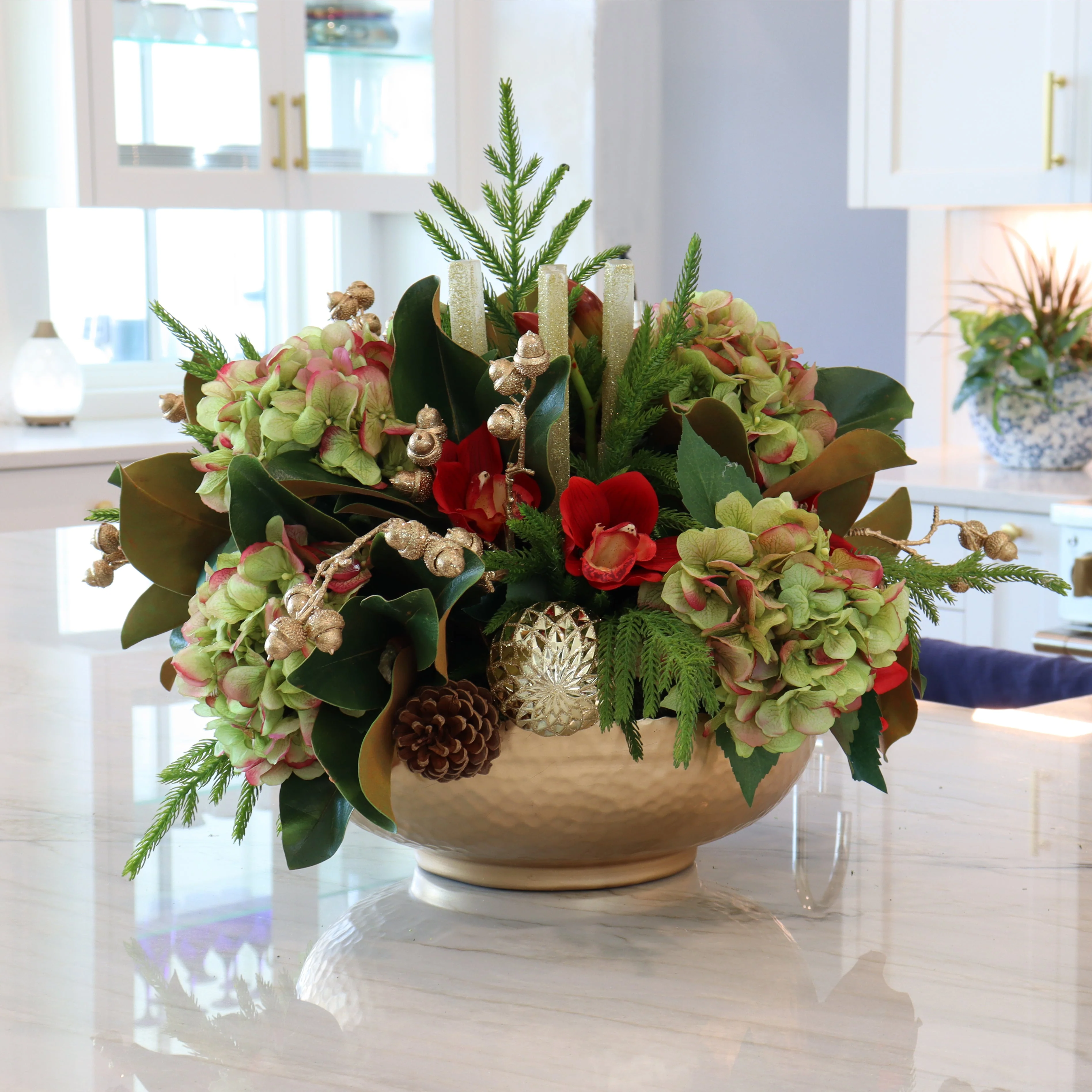Hydrangeas & Orchids in Gold Metal Bowl - Image 2