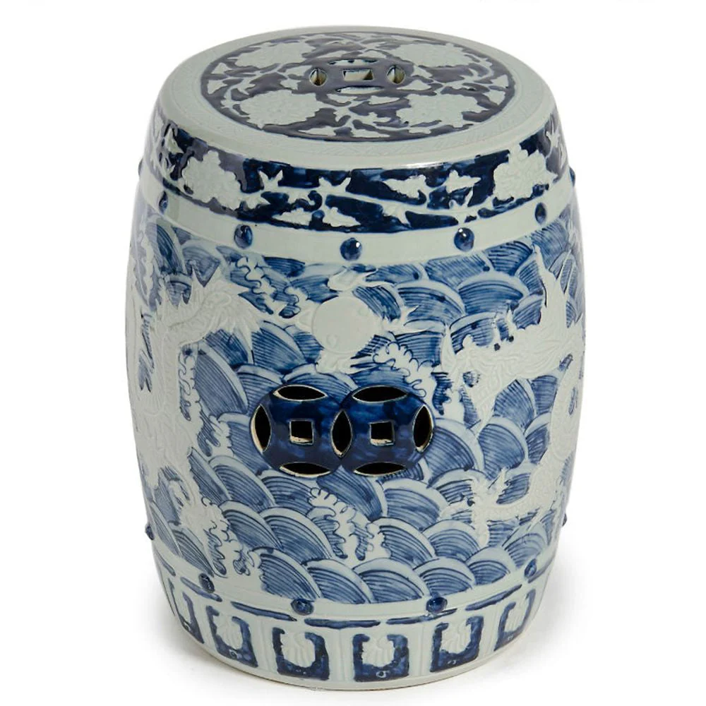 Legend of Asia B&W Carved Dragon Garden Stool