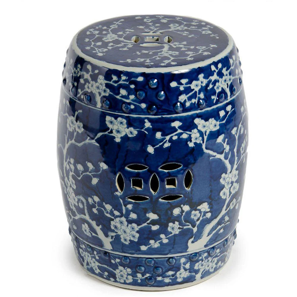 Legend of Asia B&W Garden Stool Plum Blossom Motif