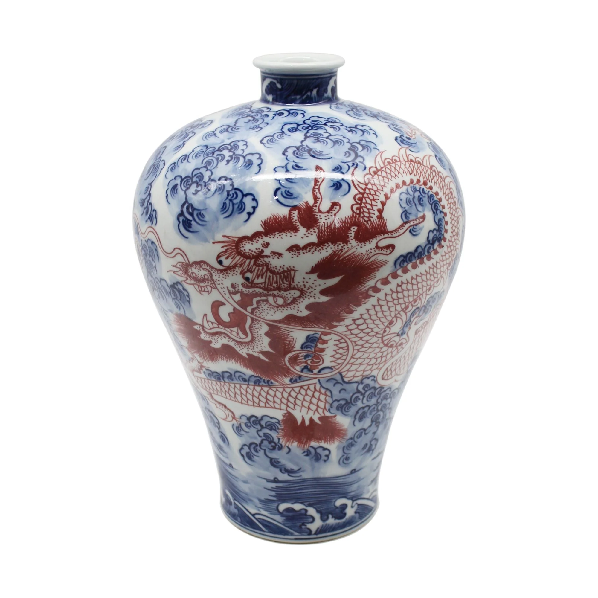 Legend of Asia B&W Plum Vase With Cooper Red Dragon