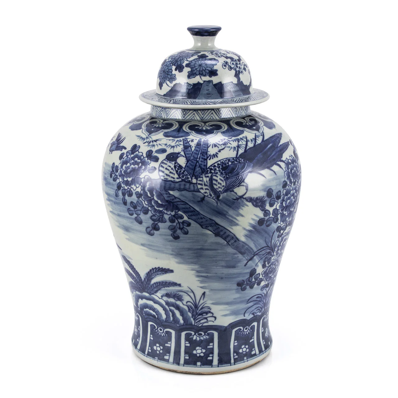 Legend of Asia B&W Temple Jar Blossom Garden With Birds