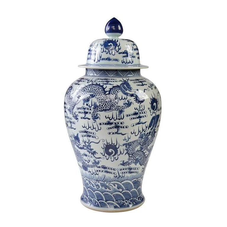 Legend of Asia B&W Temple Jar Sea Dragon Motif - L