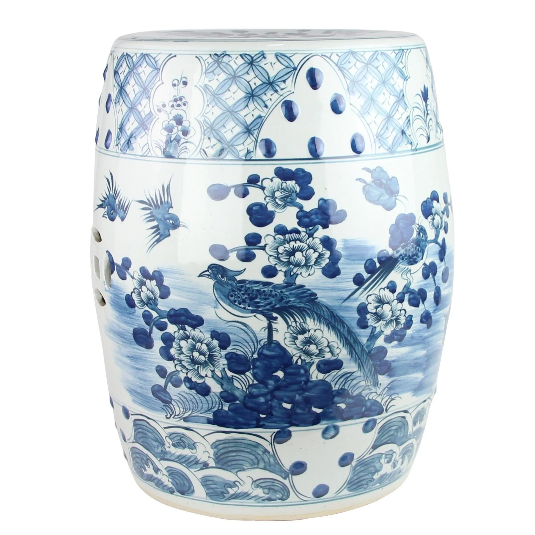 Legend of Asia B&W Village Flower Bird Garden Stool