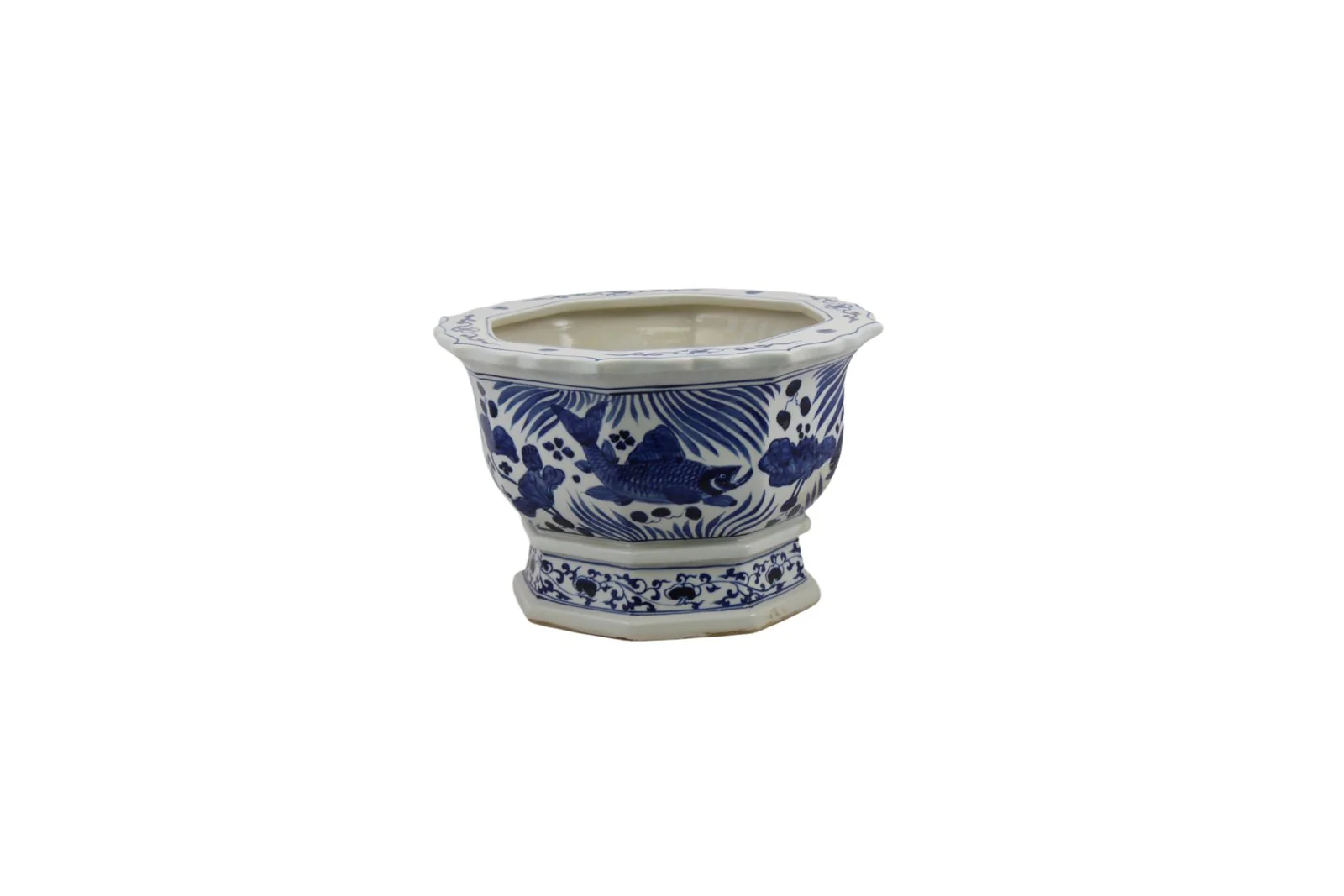 Barclay Butera Couture Blue and White Porcelain Hexagonal Foot Bath Koi Motif - Image 4