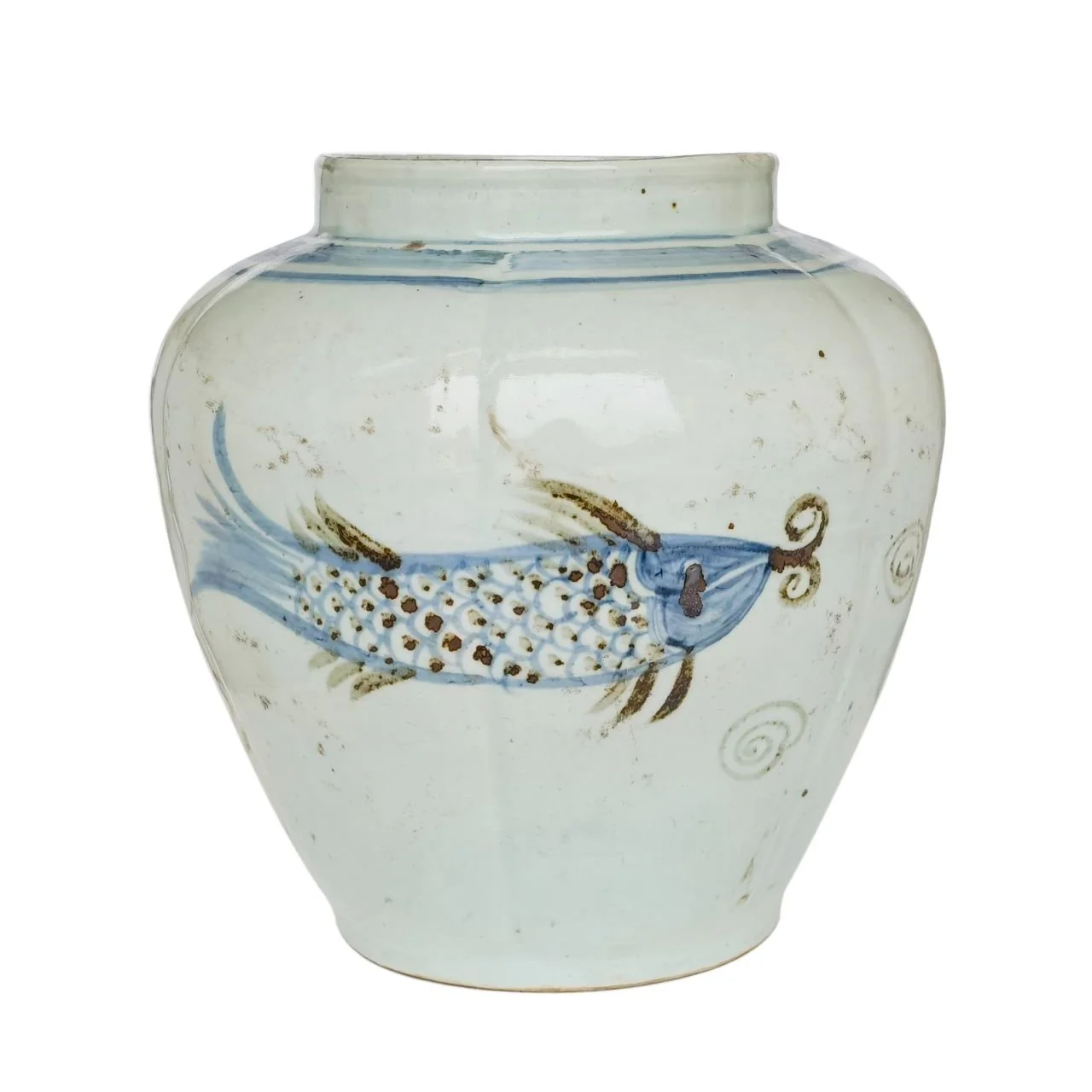 Barclay Butera Couture Blue & White Porcelain Fluted Open Top Jar Spalshing Koi