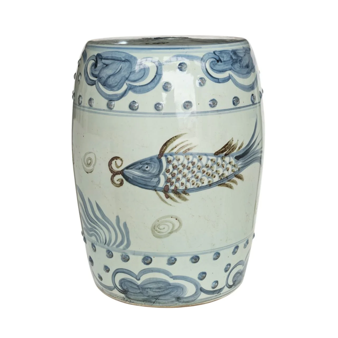 Barclay Butera Couture Blue & White Porcelain Garden Stool Splashing Koi