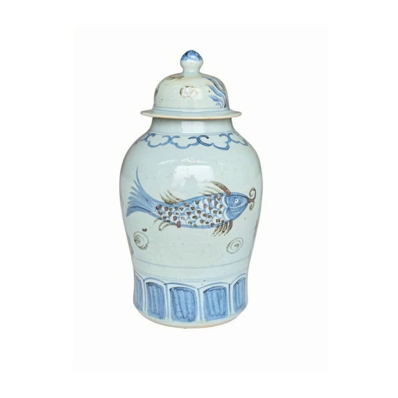Barclay Butera Couture Blue & White Porcelain Temple Jar Splashing Koi Large