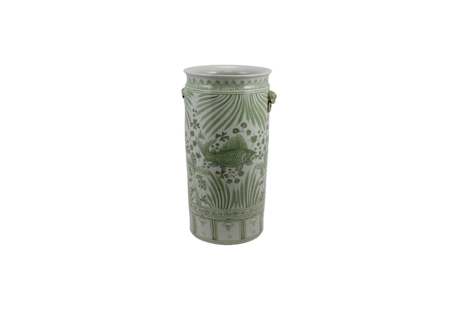 Barclay Butera Couture Moss Green Pocelain Fish Lotus Umbrella Vase