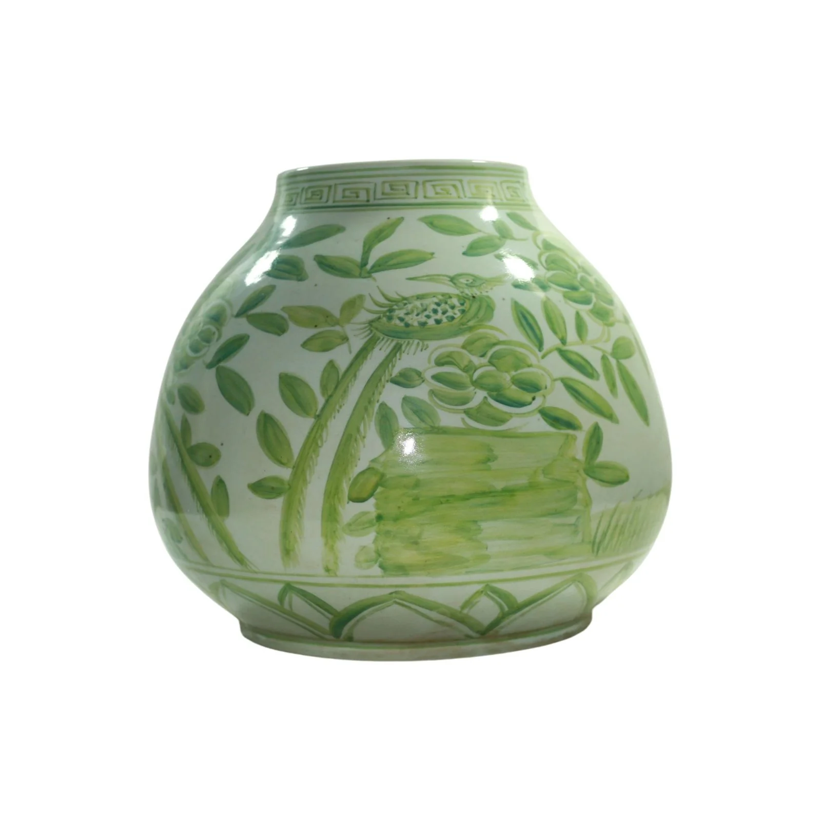 Barclay Butera Couture Moss Green Porcelain Mandarin Pot Floral Bird Motif