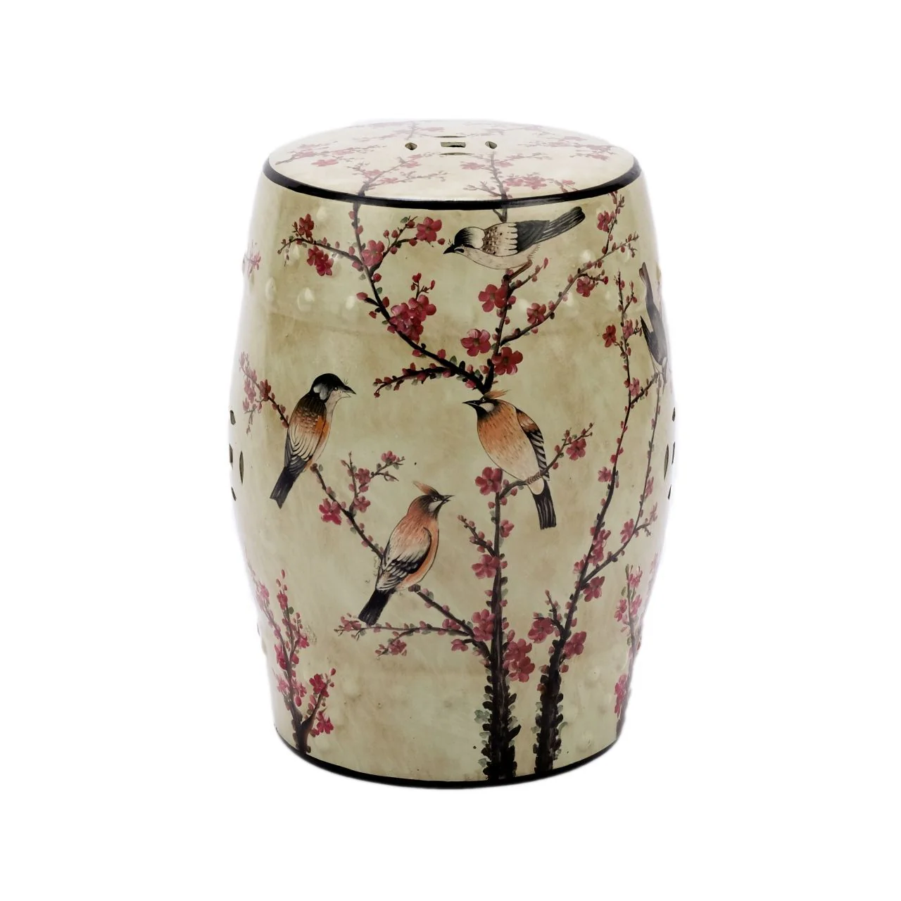 Legend of Asia Beige Famille Rose Garden Stool with Magpie Cherry Motif