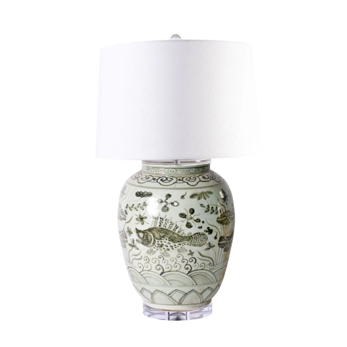 Legend of Asia Black Fish Open Top  Porcelain Jar Lamp Acrylic Base