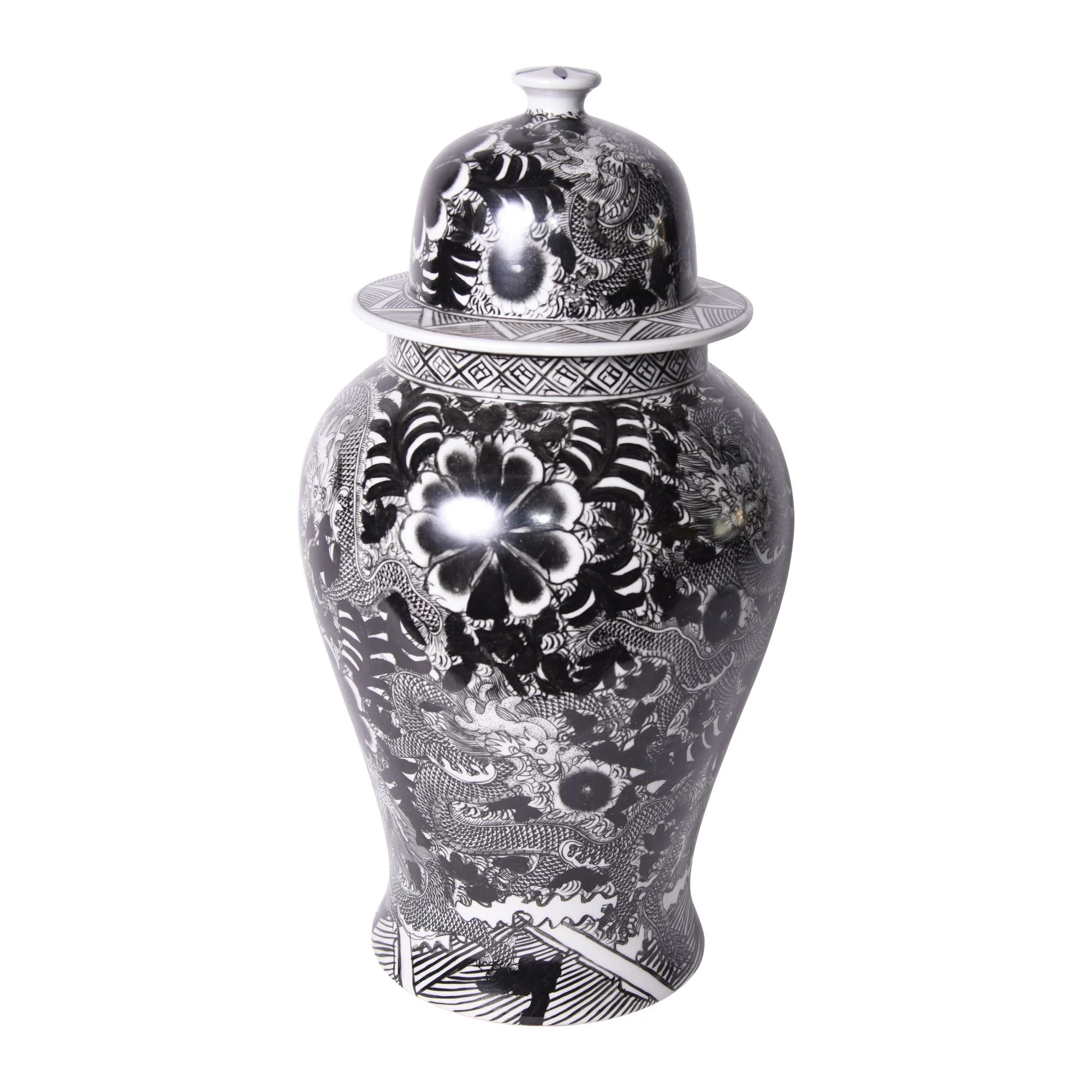 Legend of Asia Black Temple Jar W/ Dragon & Floral Motif