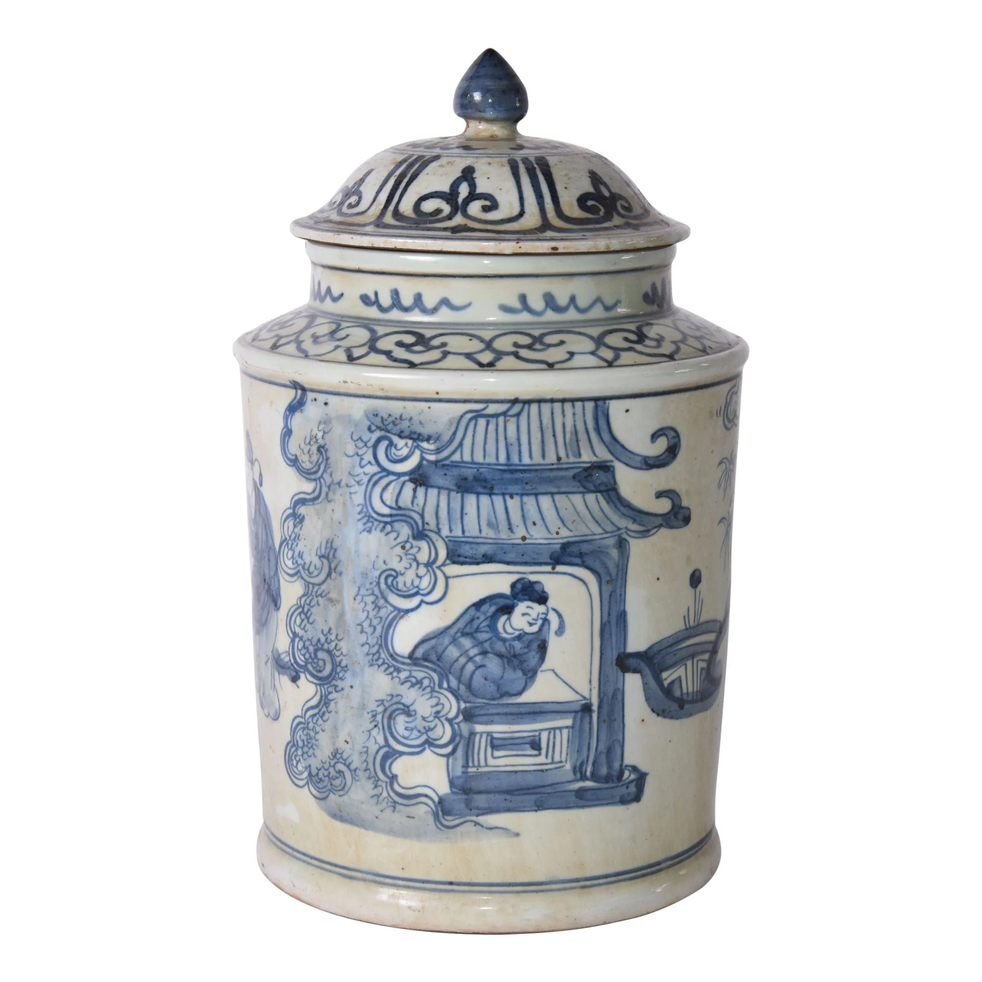 Legend of Asia Blue And White Ancient People Lidded Jar