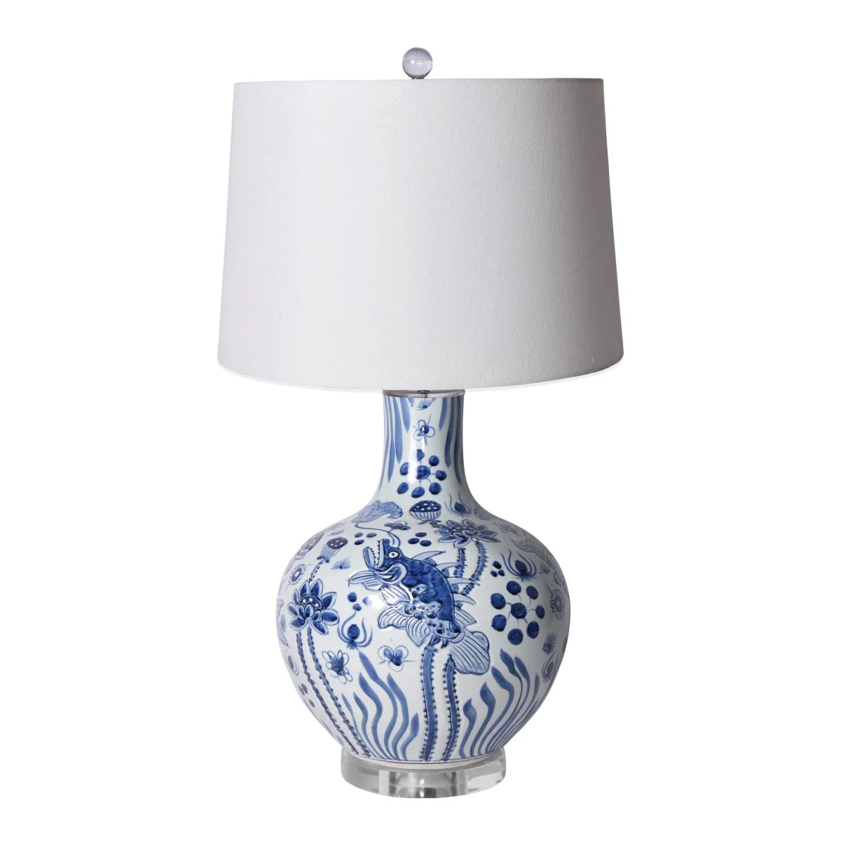 Legend of Asia Blue and White Carved Fish Globe Lamp