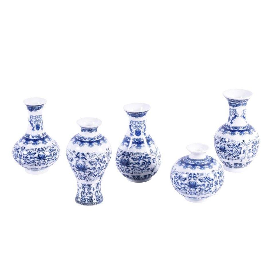 Legend of Asia Blue and White Curly Vine Bud Vases - Set of 5