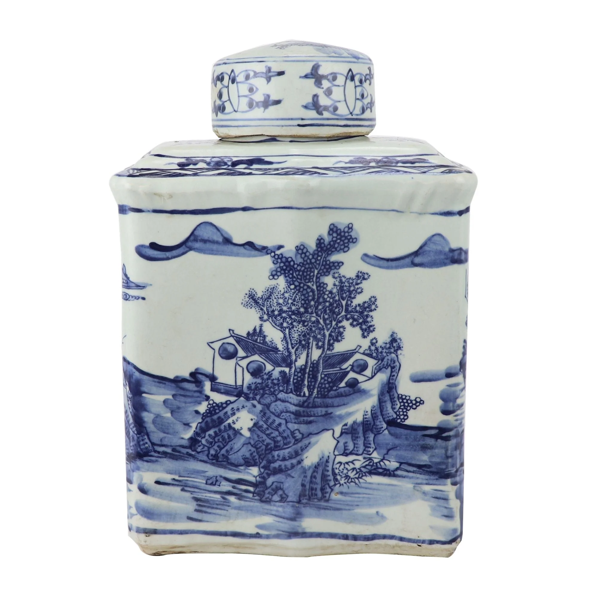 Legend of Asia Blue And White Curved Tea Jar Landscape Motif