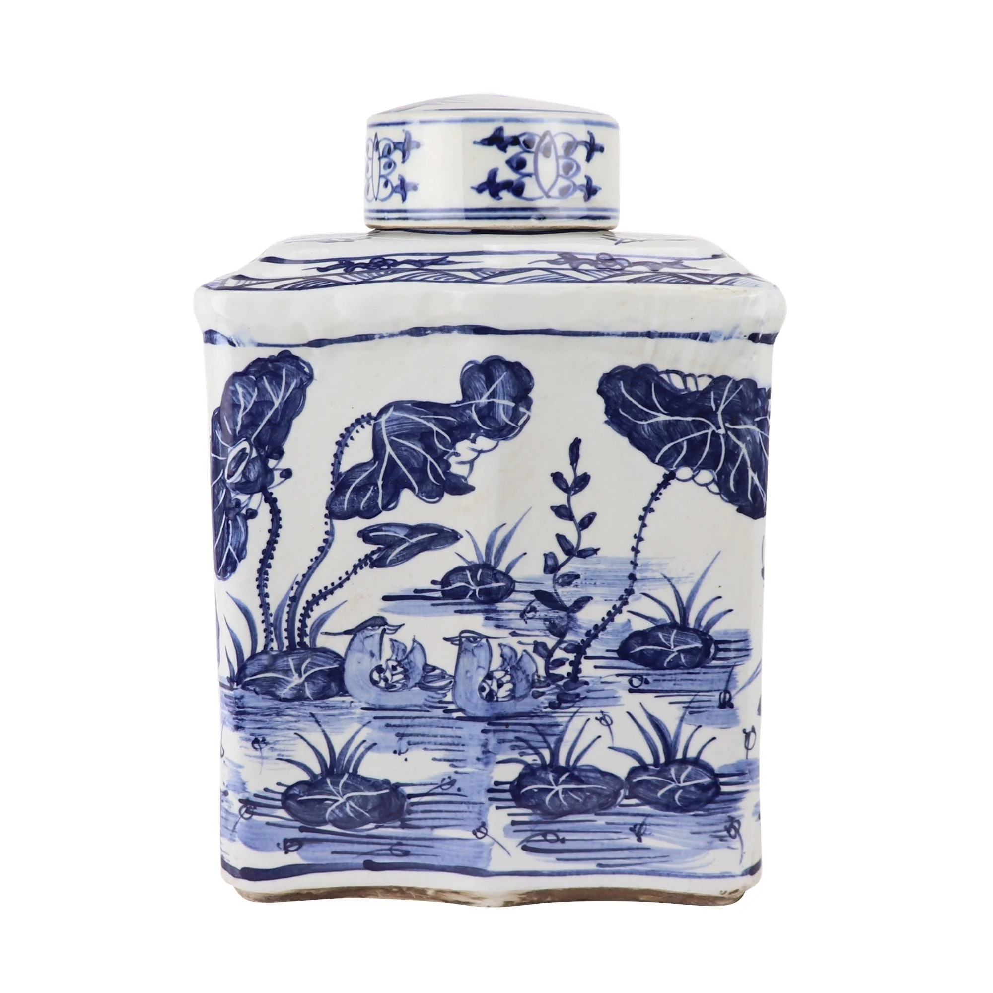 Legend of Asia Blue And White Curved Tea Jar Lotus Motif