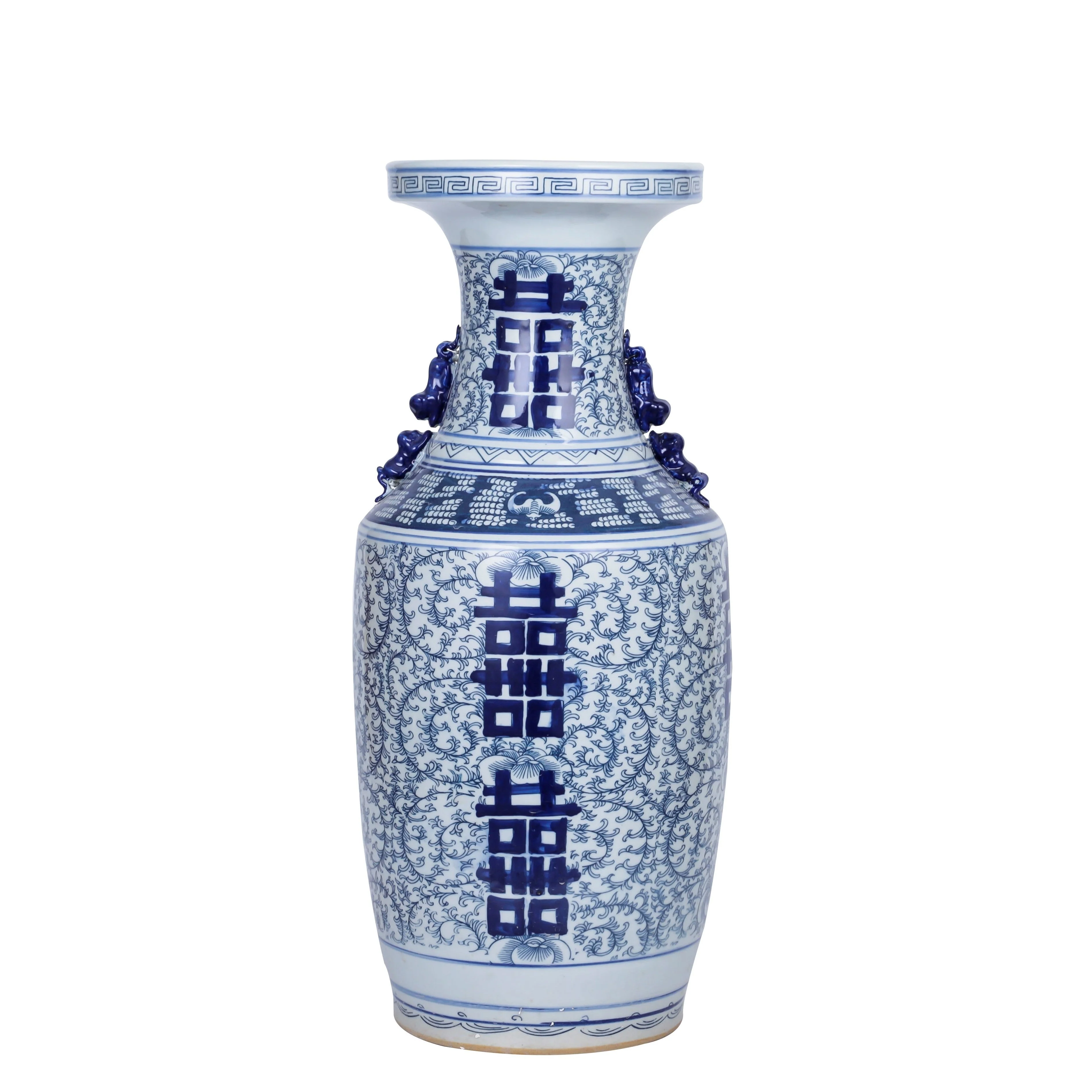 Legend of Asia Blue And White Double Happiness Flower Vase With Ears - Large
