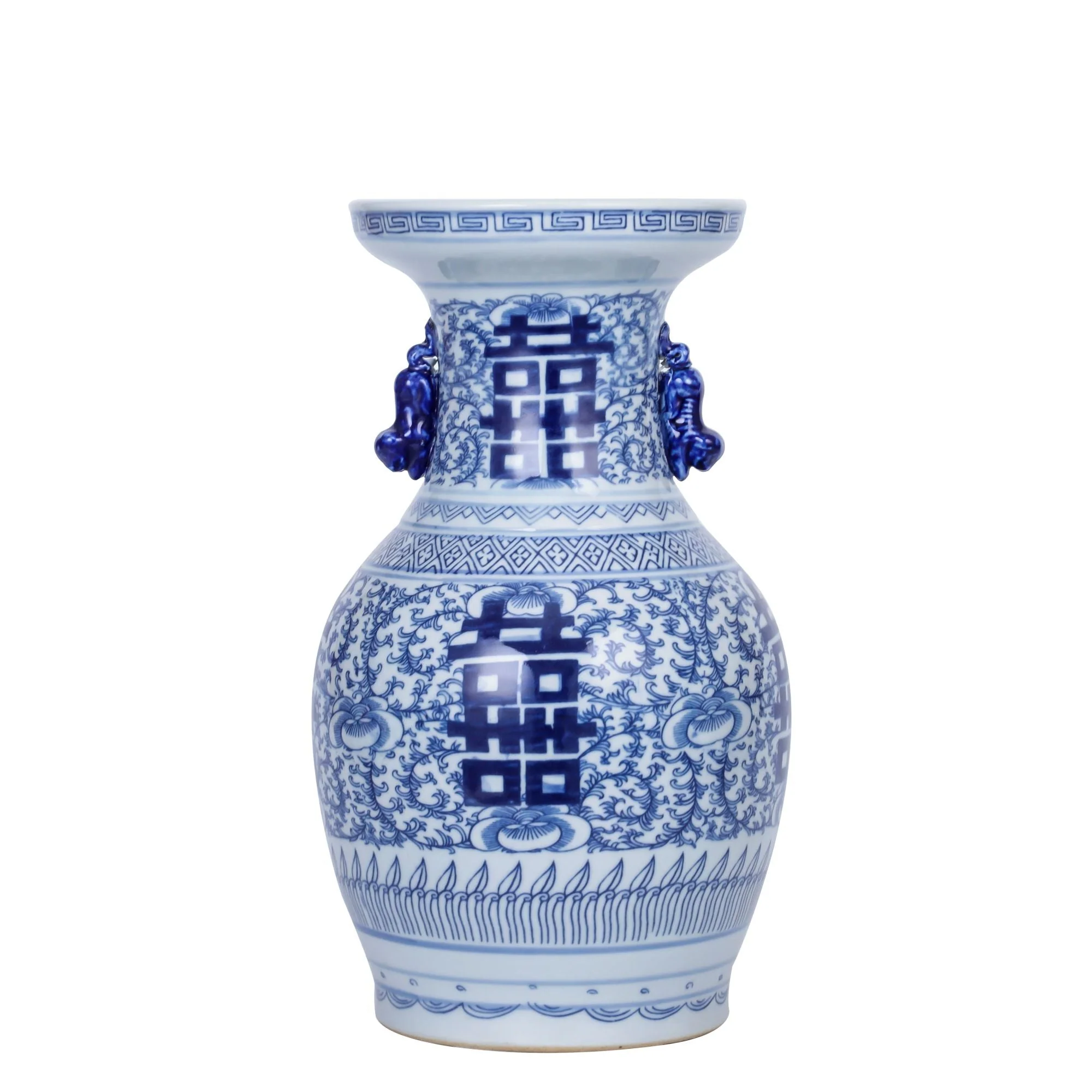 Legend of Asia Blue And White Double Happiness Flower Vase With Ears - Small