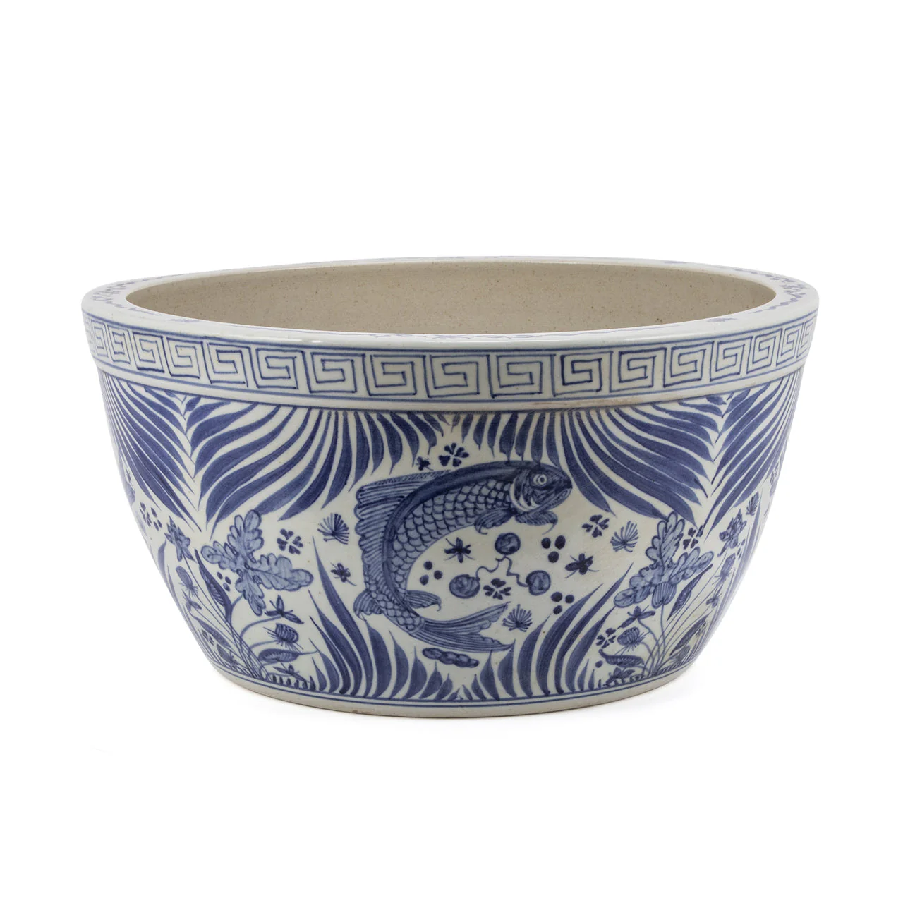 Legend of Asia Blue And White Fish Lotus Bowl WIth Greek Key Trim